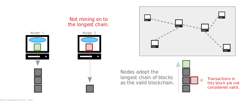 Diagram showing nodes adopting the longest chain of blocks as their blockchain, and any transactions that are not in the longest chain as being invalid.