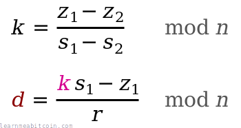 Equation for private key recovery in ECDSA.